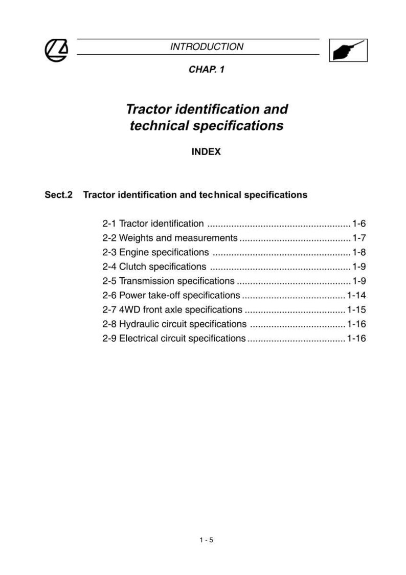 May include: A page from a manual titled "Tractor identification and technical specifications." The document includes an index with sections on tractor identification, weights, measurements, engine specifications, and more. The page number is 1-5.