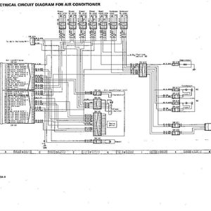 Op de afbeelding: Een gedetailleerd elektrisch schema voor een airconditioner, met de titel bovenaan. Het schema is in zwart-wit en toont verschillende componenten en bedradingsaansluitingen. Het schema bevat tekstlabels en symbolen.