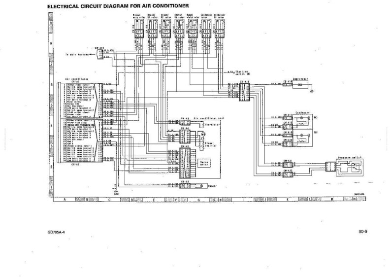 Op de afbeelding: Een gedetailleerd elektrisch schema voor een airconditioner, met de titel bovenaan. Het schema is in zwart-wit en toont verschillende componenten en bedradingsaansluitingen. Het schema bevat tekstlabels en symbolen.