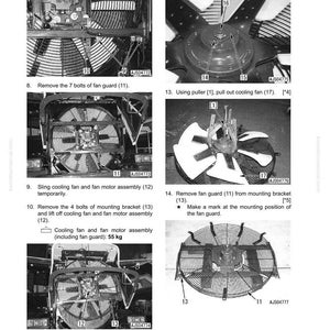 K&ouml;nnte beinhalten: Diagramm zur Demontage und Montage eines K&uuml;hlventilators und Motors. Das Bild zeigt Komponenten wie Schrauben, Muttern und ein L&uuml;ftergitter. Anweisungen sind enthalten, mit Messungen in Kilogramm. Der Text enth&auml;lt Schritte zum Aus- und Einbau.