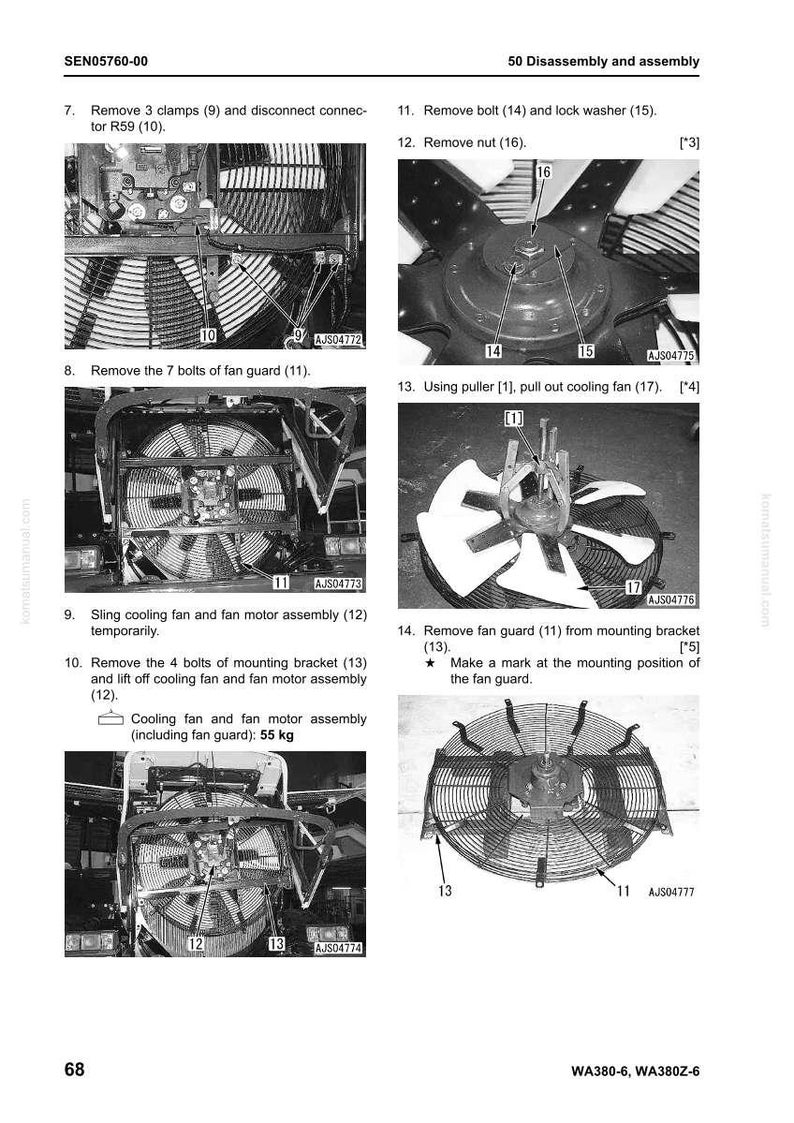 K&ouml;nnte beinhalten: Diagramm zur Demontage und Montage eines K&uuml;hlventilators und Motors. Das Bild zeigt Komponenten wie Schrauben, Muttern und ein L&uuml;ftergitter. Anweisungen sind enthalten, mit Messungen in Kilogramm. Der Text enth&auml;lt Schritte zum Aus- und Einbau.