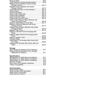 May include: A page from a manual titled "Contents" with a list of topics and page numbers. Topics include "Remove Disks", "Replace Knives", "Check Knife Wear", and "Serial Numbers". The page is white with black text.