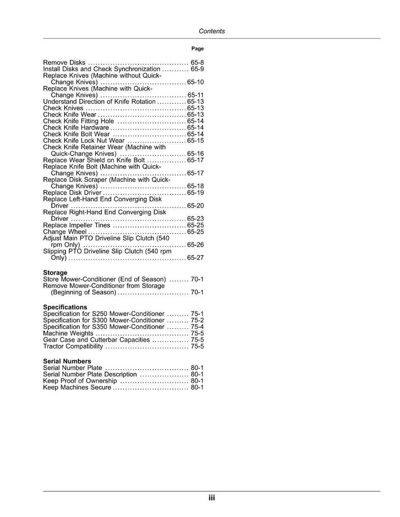 May include: A page from a manual titled "Contents" with a list of topics and page numbers. Topics include "Remove Disks", "Replace Knives", "Check Knife Wear", and "Serial Numbers". The page is white with black text.