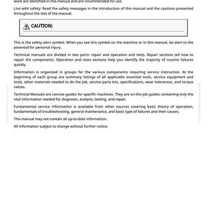 May include: A white page from a technical manual with the title "Foreword". The text includes safety warnings and instructions for technicians. A "CAUTION" symbol is displayed. The page also includes information about the manual's structure and content.