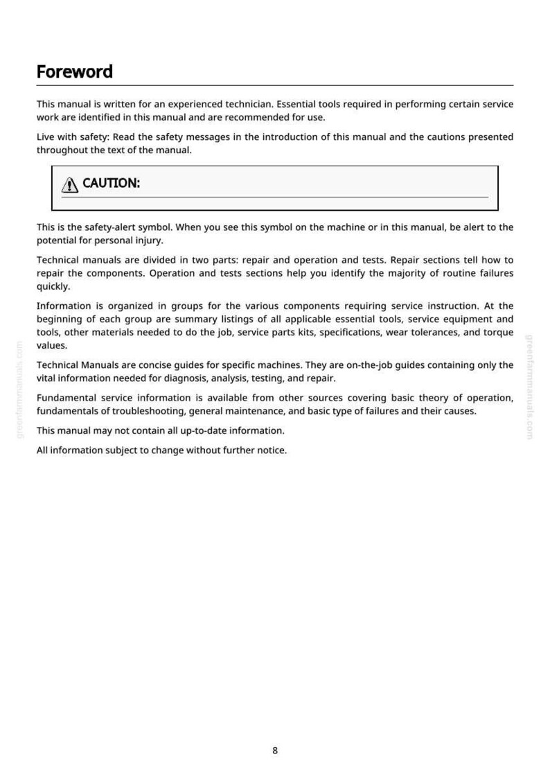 May include: A white page from a technical manual with the title "Foreword". The text includes safety warnings and instructions for technicians. A "CAUTION" symbol is displayed. The page also includes information about the manual's structure and content.