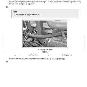 May include: An image from a manual showing engine components and fuel hoses. The text includes instructions to disconnect fuel supply and return hoses. The image is labeled with letters A and B, and the text reads "YC2292-UN: Fuel Hoses."
