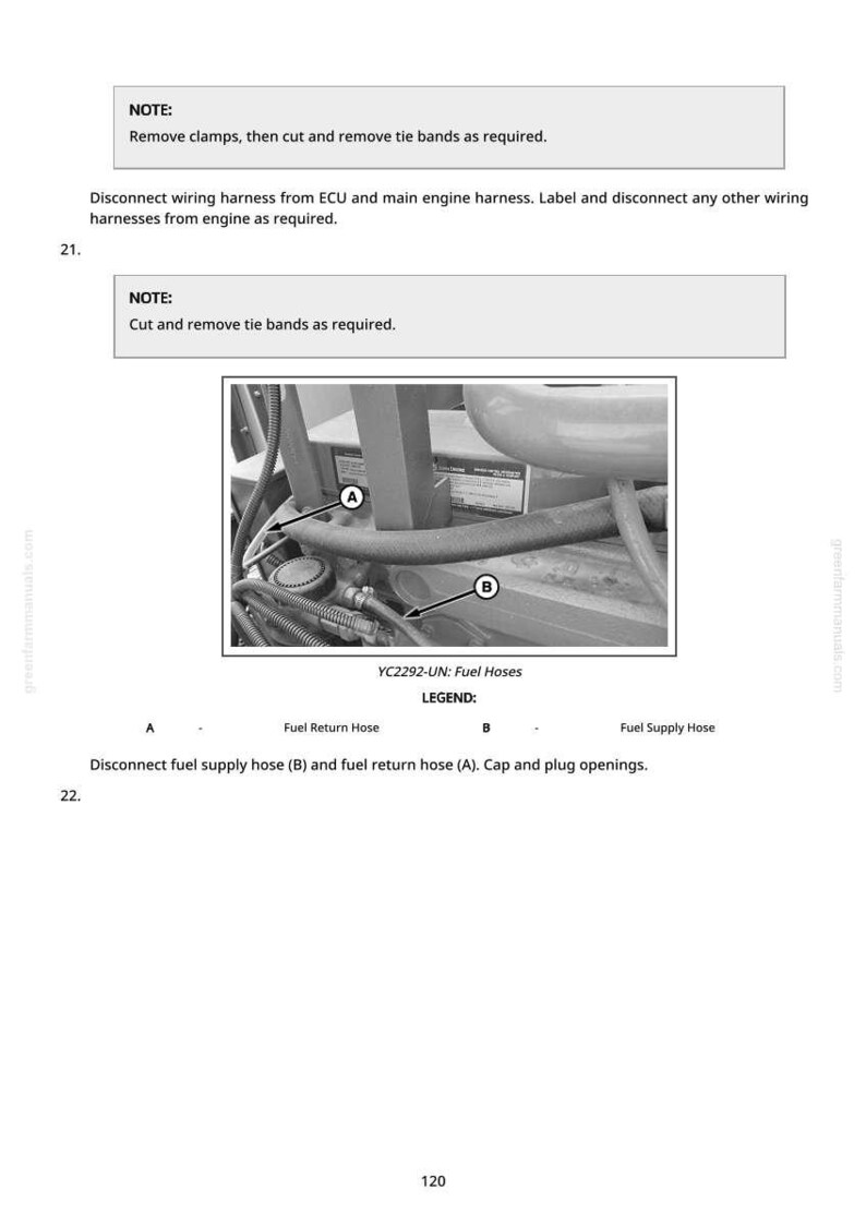 May include: An image from a manual showing engine components and fuel hoses. The text includes instructions to disconnect fuel supply and return hoses. The image is labeled with letters A and B, and the text reads "YC2292-UN: Fuel Hoses."