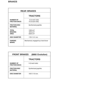 May include: A white page with the title "INTRODUCTION" and the text "Tractor identification and technical specifications." The page details tractor brake specifications, including the number of friction discs, friction disc material, total braking area, and disc diameter.