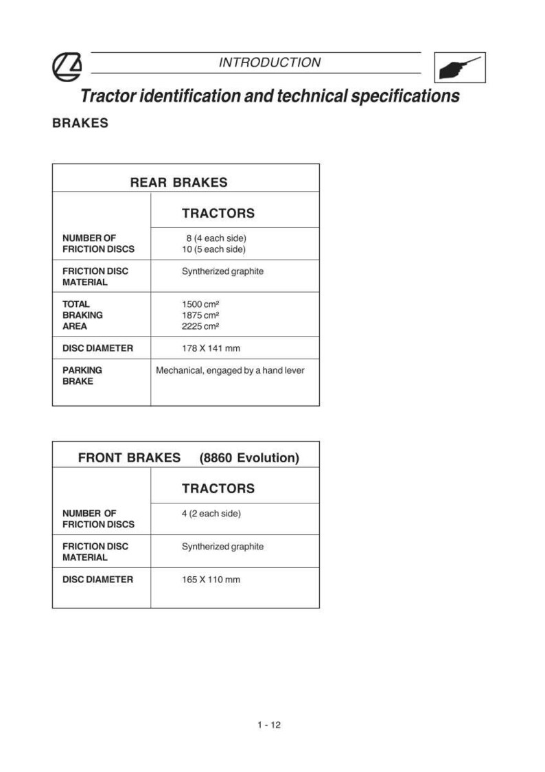 May include: A white page with the title "INTRODUCTION" and the text "Tractor identification and technical specifications." The page details tractor brake specifications, including the number of friction discs, friction disc material, total braking area, and disc diameter.