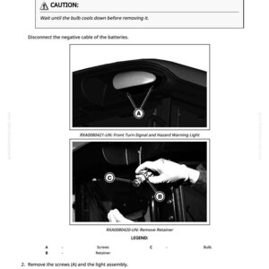 Puede incluir: Diagrama que ilustra el proceso para reemplazar las bombillas de las luces de se&ntilde;alizaci&oacute;n delanteras y de advertencia de peligro. Incluye im&aacute;genes con las etiquetas A, B y C e instrucciones de texto. Se muestra una advertencia.