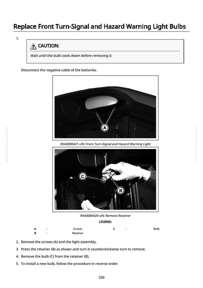 Puede incluir: Diagrama que ilustra el proceso para reemplazar las bombillas de las luces de se&ntilde;alizaci&oacute;n delanteras y de advertencia de peligro. Incluye im&aacute;genes con las etiquetas A, B y C e instrucciones de texto. Se muestra una advertencia.