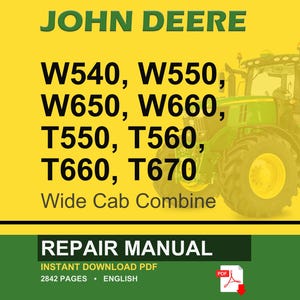 May include: A repair manual cover in yellow and green, featuring the John Deere logo and combine model numbers. The image includes a green tractor and the text "REPAIR MANUAL" and "INSTANT DOWNLOAD PDF".