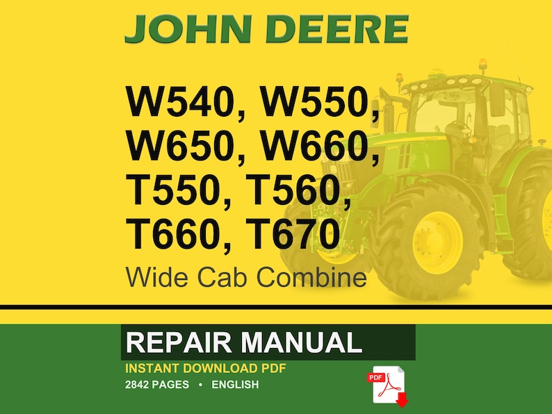 May include: A repair manual cover in yellow and green, featuring the John Deere logo and combine model numbers. The image includes a green tractor and the text "REPAIR MANUAL" and "INSTANT DOWNLOAD PDF".