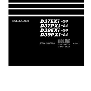 May include: A black and white shop manual for a Komatsu bulldozer. The manual includes model numbers D37EXi-24, D37PXi-24, D39EXi-24, and D39PXi-24, with serial numbers listed. The Komatsu logo is at the bottom.