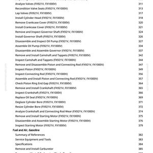 May include: A page from a manual with a list of engine repair procedures, including "Inspect Rocker Arm and Push Rod" and "Remove Cylinder Head." The text is in black font on a white background, with page numbers on the right.