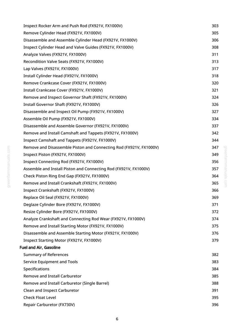 May include: A page from a manual with a list of engine repair procedures, including "Inspect Rocker Arm and Push Rod" and "Remove Cylinder Head." The text is in black font on a white background, with page numbers on the right.