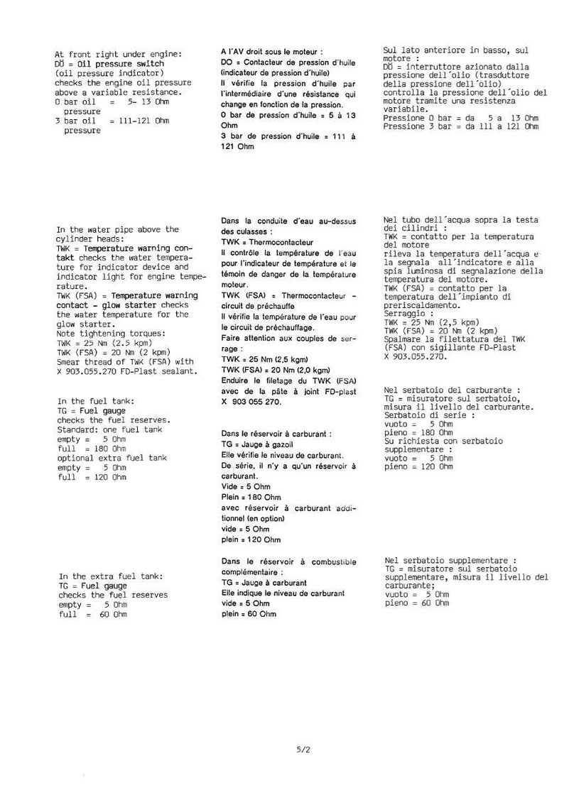 May include: A multilingual technical diagram showing engine component details, including oil pressure and fuel gauge readings. Measurements are in Ohms, with torque specifications provided. The diagram is for automotive maintenance.
