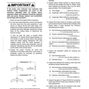 May include: Technical diagram from a manual detailing brake inspection procedures. Includes measurements in inches and millimeters, with diagrams of seal wear progression and component dimensions. Features text about replacing worn parts.