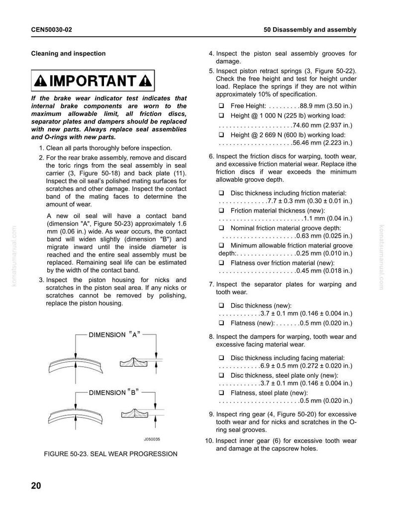 May include: Technical diagram from a manual detailing brake inspection procedures. Includes measurements in inches and millimeters, with diagrams of seal wear progression and component dimensions. Features text about replacing worn parts.