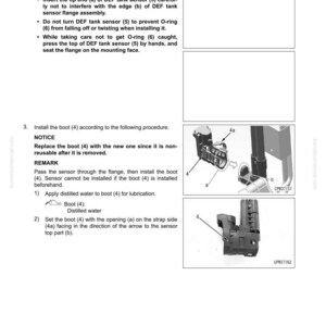 May include: Diagram from a manual showing the steps to remove and install a DEF tank sensor. The image includes close-up illustrations of the sensor and boot, with arrows indicating the direction of installation. Text instructions are also included.