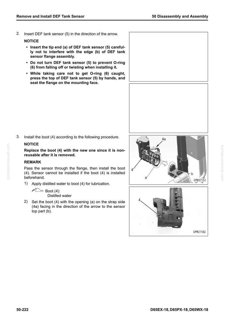 May include: Diagram from a manual showing the steps to remove and install a DEF tank sensor. The image includes close-up illustrations of the sensor and boot, with arrows indicating the direction of installation. Text instructions are also included.