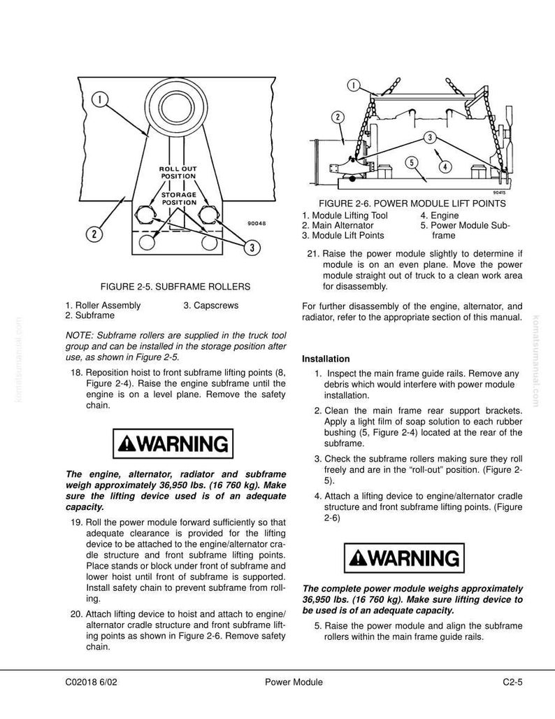 May include: Technical diagram with illustrations and text detailing power module lifting and subframe roller procedures. Includes warnings about weight (36,950 lbs) and lifting capacity. Features diagrams and instructions for engine maintenance.