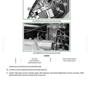 May include: Diagrams of mechanical components with labels A through E, including cap screws, nuts, washers, and retaining clips. The text reads "Control Lever End of Cable" and "Hitch Valve End of Cable."