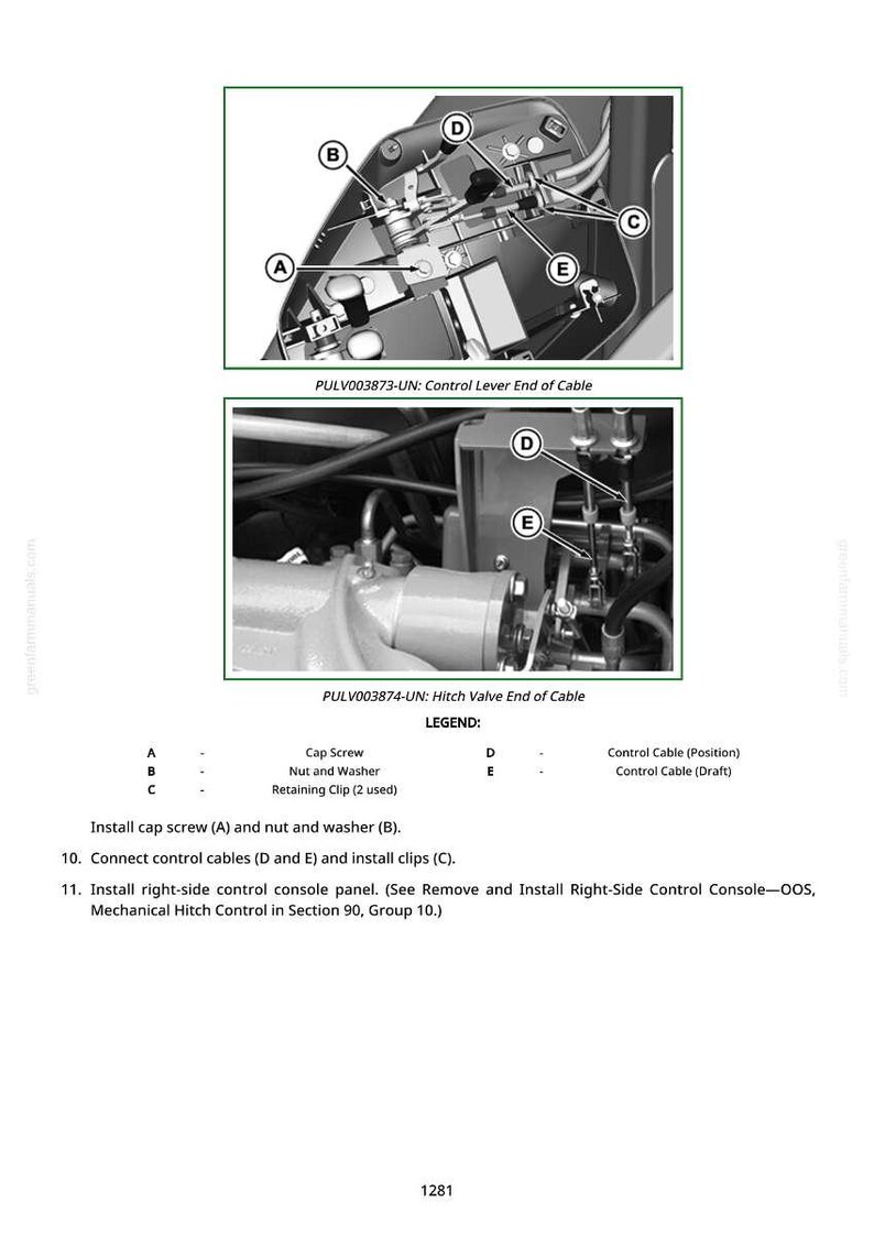 May include: Diagrams of mechanical components with labels A through E, including cap screws, nuts, washers, and retaining clips. The text reads "Control Lever End of Cable" and "Hitch Valve End of Cable."