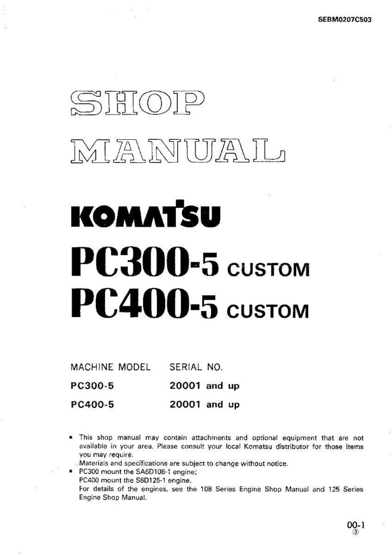 Puede incluir: Un manual de taller blanco con el texto "SHOP MANUAL" y "KOMATSU PC300-5 CUSTOM PC400-5 CUSTOM". Incluye informaci&oacute;n sobre el modelo de m&aacute;quina y el n&uacute;mero de serie. El manual es para equipos Komatsu.