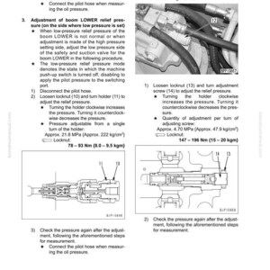 May include: Diagram from a manual detailing adjustments to a machine's relief pressure. The image includes close-up photos of components, diagrams, and text instructions. Measurements are provided in Nm and MPa.