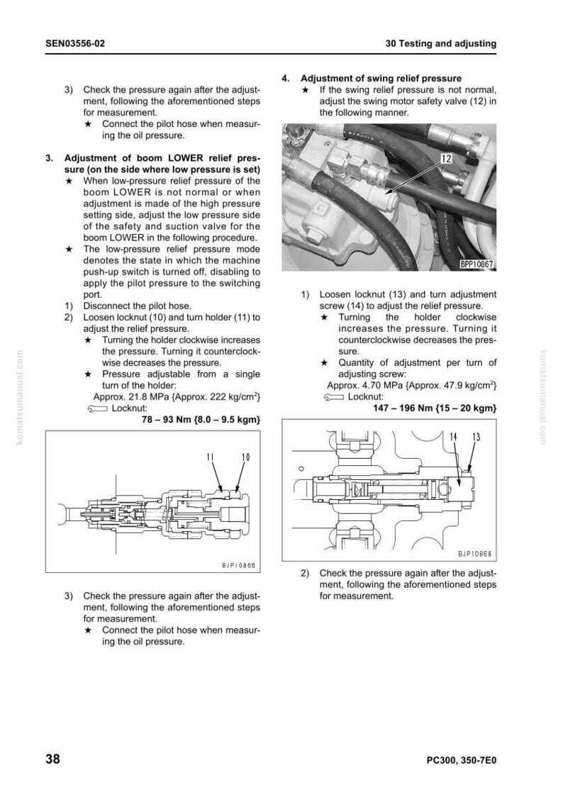 May include: Diagram from a manual detailing adjustments to a machine's relief pressure. The image includes close-up photos of components, diagrams, and text instructions. Measurements are provided in Nm and MPa.