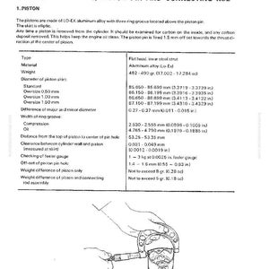 May include: Technical diagram detailing piston specifications, including material, weight (482-490 grams), and diameter measurements in mm. Includes a diagram of a piston being measured with a caliper. The text includes measurements in mm.