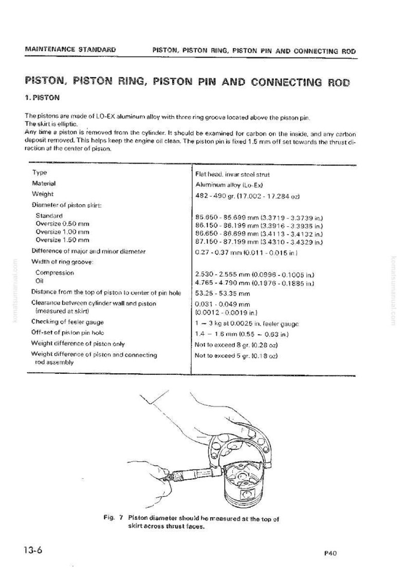 May include: Technical diagram detailing piston specifications, including material, weight (482-490 grams), and diameter measurements in mm. Includes a diagram of a piston being measured with a caliper. The text includes measurements in mm.