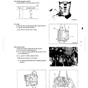 May include: Technical diagram from a manual, featuring detailed illustrations of mechanical components. Includes diagrams of piston stroke measurements, case assembly, and control valve installation. The page number is 30-106.
