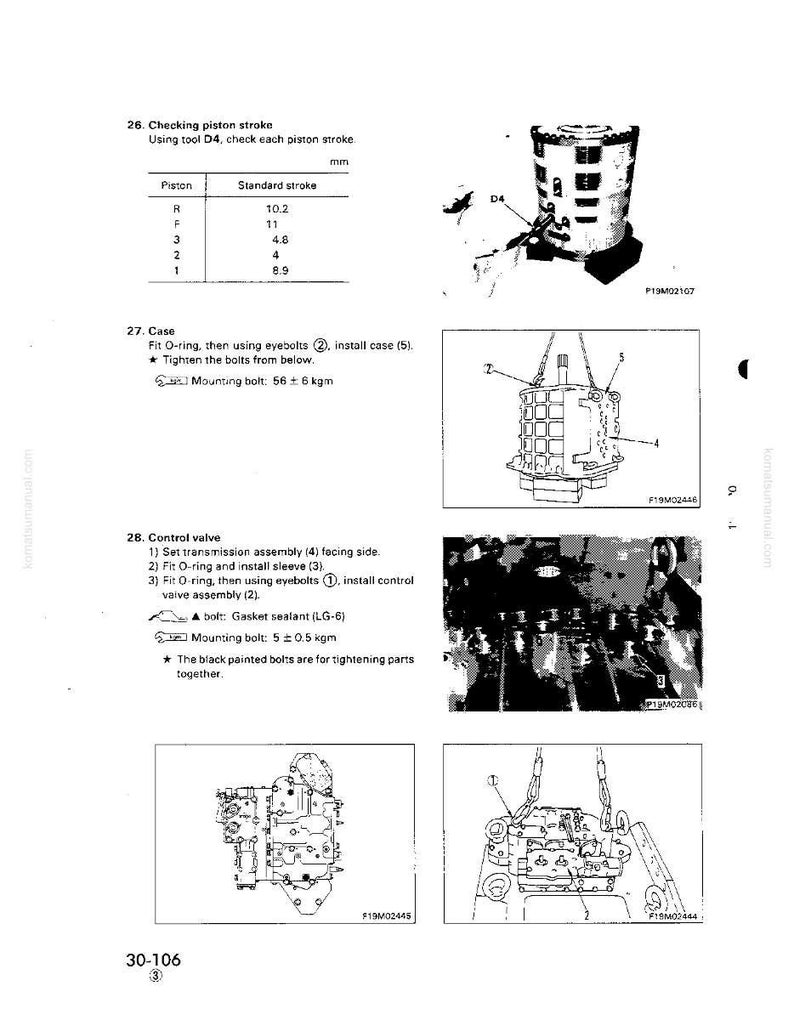 May include: Technical diagram from a manual, featuring detailed illustrations of mechanical components. Includes diagrams of piston stroke measurements, case assembly, and control valve installation. The page number is 30-106.