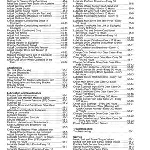May include: A detailed table of contents from a manual, listing maintenance and service procedures for agricultural machinery. Includes sections on lubrication, troubleshooting, and service, with page numbers for easy reference.