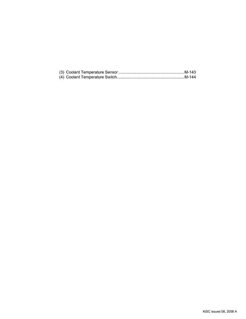 May include: A white page with black text detailing coolant temperature sensor and switch information, including part numbers M-143 and M-144. The document is dated 2008.