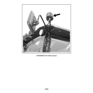 以下が含まれることがあります： 車両の屋根の白黒画像。サイドミラーと警告灯が表示されています。警告灯は黒いポールに取り付けられており、透明で丸みを帯びた上部があります。「CPA0006847-UN: H08 Location」というテキストが下にあります。
