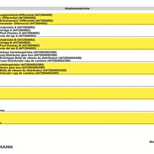 May include: A page from a Weidemann 1490 D70 manual, featuring a table of contents in German, English, French, and Spanish. The yellow-highlighted sections list various rear axle and gear box components.