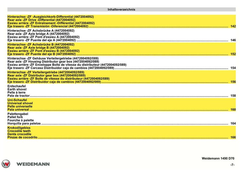 May include: A page from a Weidemann 1490 D70 manual, featuring a table of contents in German, English, French, and Spanish. The yellow-highlighted sections list various rear axle and gear box components.