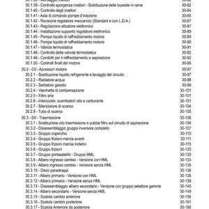 K&ouml;nnte beinhalten: Eine detaillierte Indexseite mit einer Liste von Komponenten f&uuml;r Automotoren und -getriebe, einschlie&szlig;lich Kraftstoffeinspritzung, K&uuml;hlsystemen und Getrieben. Der Text ist auf Italienisch, mit Seitenzahlen rechts.