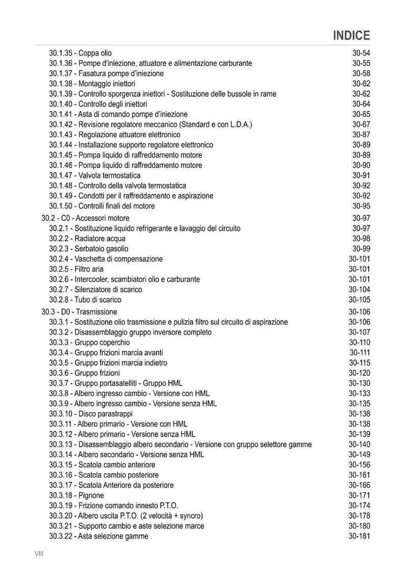 K&ouml;nnte beinhalten: Eine detaillierte Indexseite mit einer Liste von Komponenten f&uuml;r Automotoren und -getriebe, einschlie&szlig;lich Kraftstoffeinspritzung, K&uuml;hlsystemen und Getrieben. Der Text ist auf Italienisch, mit Seitenzahlen rechts.