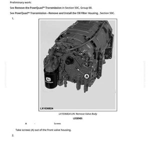 K&ouml;nnte beinhalten: Diagramm eines PowrQuad-Getriebes mit dem Text "Vorderes Ventilgeh&auml;use aus- und einbauen". Das Bild enth&auml;lt einen &Ouml;lfilter und den Text "LX1036824". Schrauben sind mit dem Buchstaben "A" gekennzeichnet.