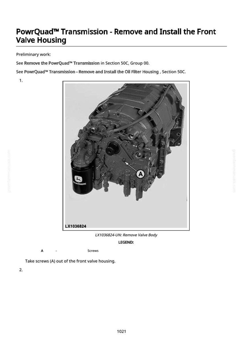 K&ouml;nnte beinhalten: Diagramm eines PowrQuad-Getriebes mit dem Text "Vorderes Ventilgeh&auml;use aus- und einbauen". Das Bild enth&auml;lt einen &Ouml;lfilter und den Text "LX1036824". Schrauben sind mit dem Buchstaben "A" gekennzeichnet.
