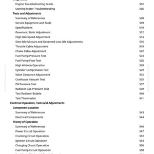 May include: A manual page showing a table of contents. Sections include diagnostics, tests, adjustments, and electrical operation. Page numbers are listed on the right.