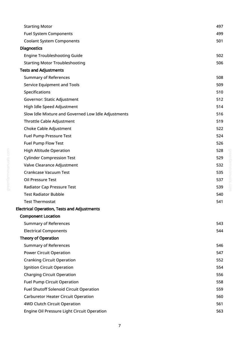 May include: A manual page showing a table of contents. Sections include diagnostics, tests, adjustments, and electrical operation. Page numbers are listed on the right.