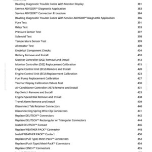 May include: A white page with a list of technical terms and corresponding page numbers. The list includes terms like "Reading Diagnostic Trouble Codes," "Fuse Test," and "Engine Control Unit (ECU)."
