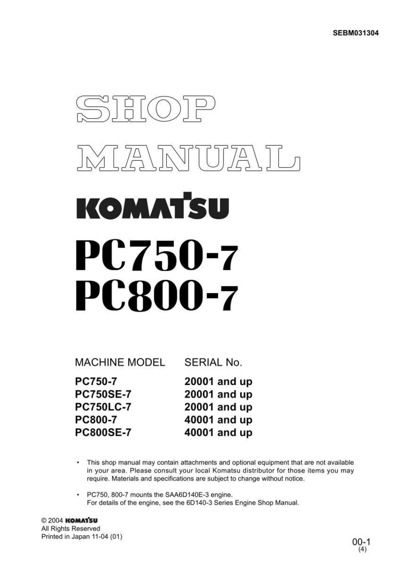 May include: A white shop manual with the Komatsu logo and model numbers PC750-7 and PC800-7. The manual lists machine models and serial numbers. The text "SHOP MANUAL" is at the top.