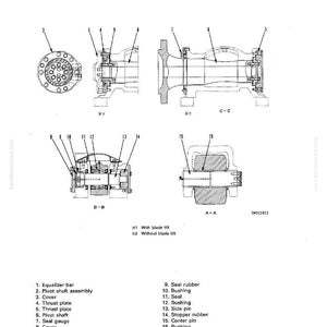 May include: Technical diagram illustrating a suspension system with detailed cross-sectional views and component labels. Includes an equalizer bar, pivot shaft assembly, thrust plates, and various bushings and seals. The diagram is labelled with the text "STRUCTURE AND FUNCTION" and "SUSPENSION".