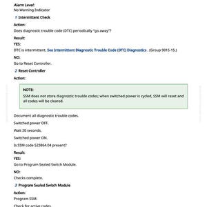 May include: A white document with black text detailing diagnostic procedures for a sealed switch module (SSM). The document includes instructions for intermittent checks, reset controller actions, and programming the SSM. The page number 293 is visible.